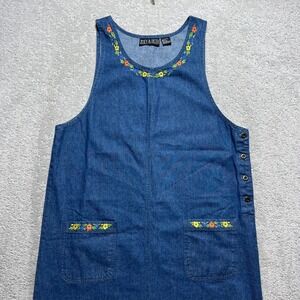 VINTAGE Zoey & Beth Dress Womens L Blue Denim Embroidered Floral Pinafore Jumper